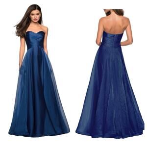 La Femme Elegant Floor Length Chiffon Dress Strapless Size Navy Blue 8 NWT